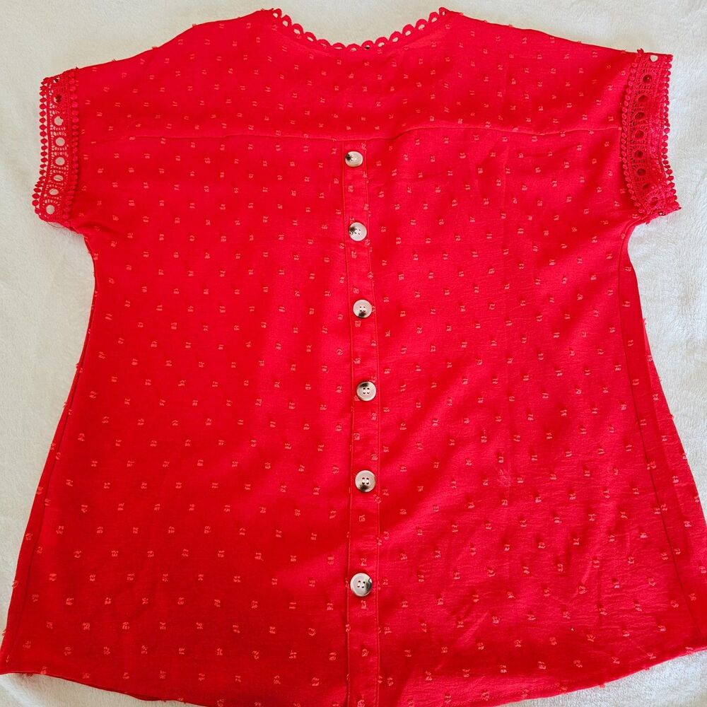 Dokotoo Women's Size M Red Swiss Dot Blouse Crochet Lace Short Sleeve Top - Picture 7 of 7